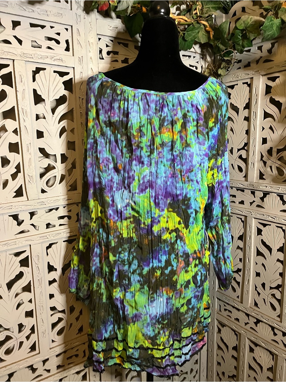 MUSHKA by SIENNA ROSE SHEER PURPLE & MULTICOLOR ABSTRACT TIE-DYE PLUS SIZE TOP - Picture 7 of 12